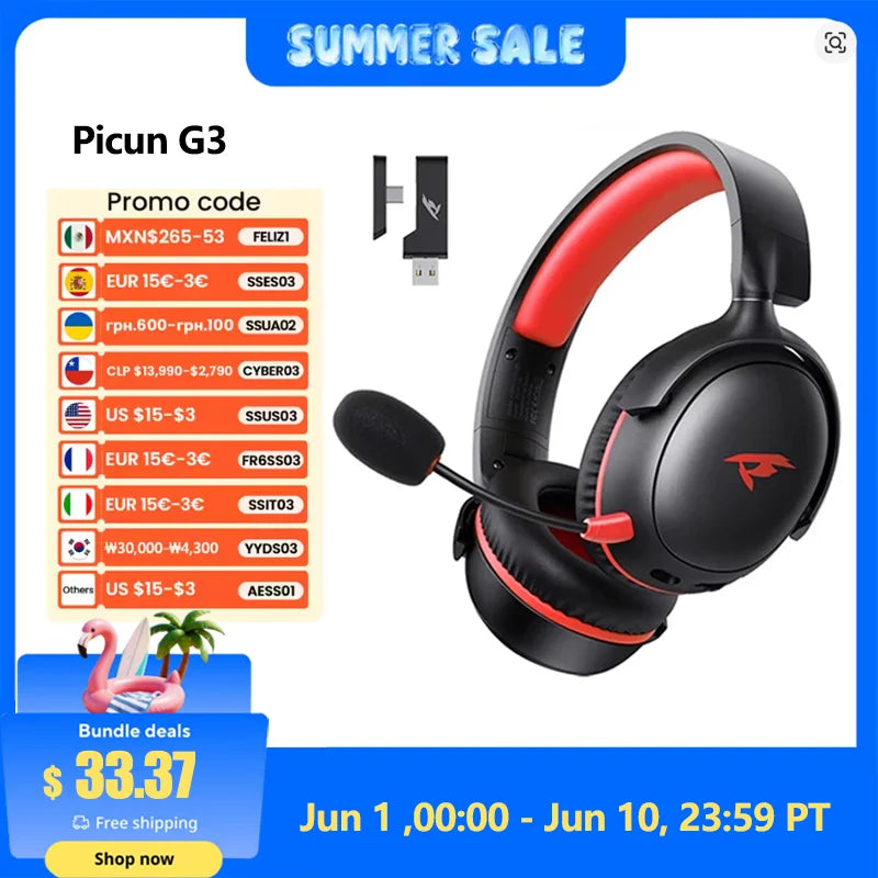 Picun G3 Gaming Wireless Headphone with Mic Over-Ear Headphones Bluetooth 5.4 40mm Driver 2.4G/Wireless/Cable USB Headsets 65H